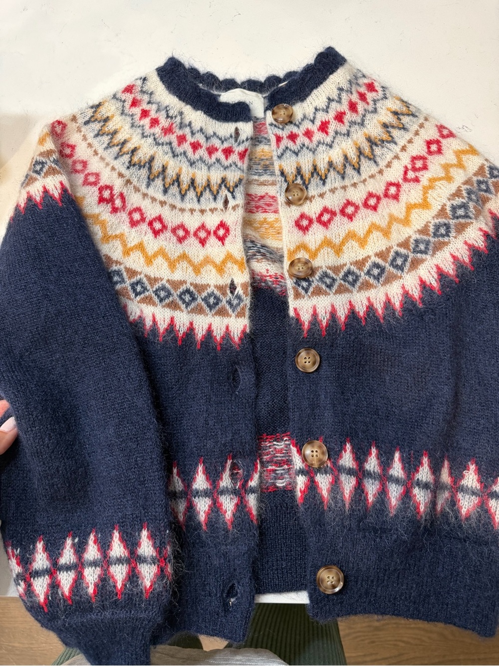 Doen Navy Fair Isle Wool Button-Front Cardigan with Multicolor Yoke